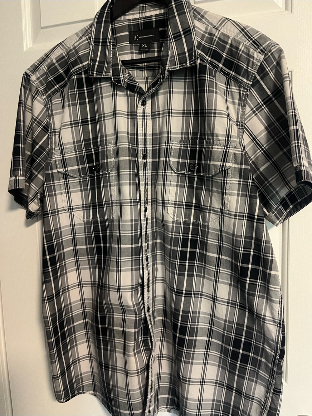 INC International Concepts Black & White Plaid Short-Sleeve Button-Down Shirt XL